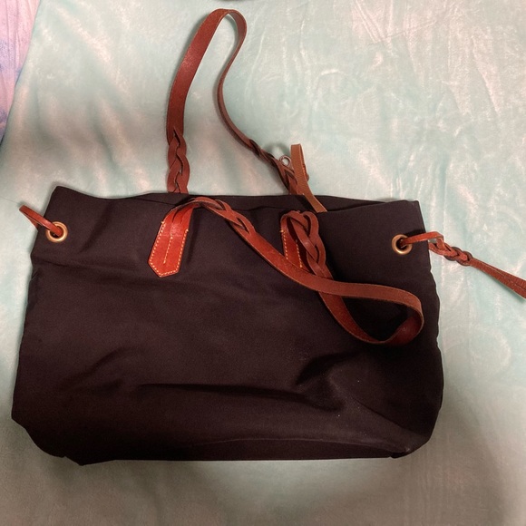 Dooney & Bourke VTG Black Nylon Tote Bag Tan Leather Braided Handle - Picture 5 of 5